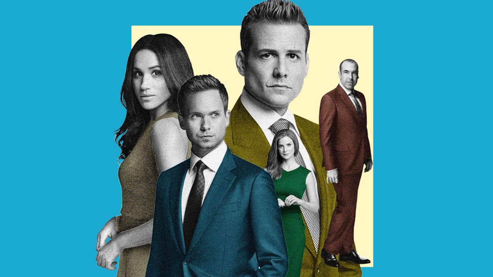 A photo illustration of the cast of Suits including Patrick J. Adams as Mike Ross, Sarah Rafferty as Donna Paulsen, Gabriel Macht as Harvey Specter, Rick Hoffman as Louis Litt, Meghan Markle as Rachel Zane are colorized on a blue background.
