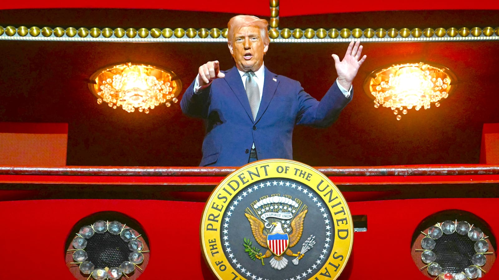 President Donald Trump stands in the presidential box as he tours the John F. Kennedy Center for the Performing Arts in Washington, DC, on March 17, 2025.