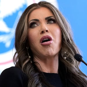 Homeland Security Secretary Kristi Noem speaks to employees at the Department of Homeland Security, Tuesday, Jan. 28, 2025, in Washington.