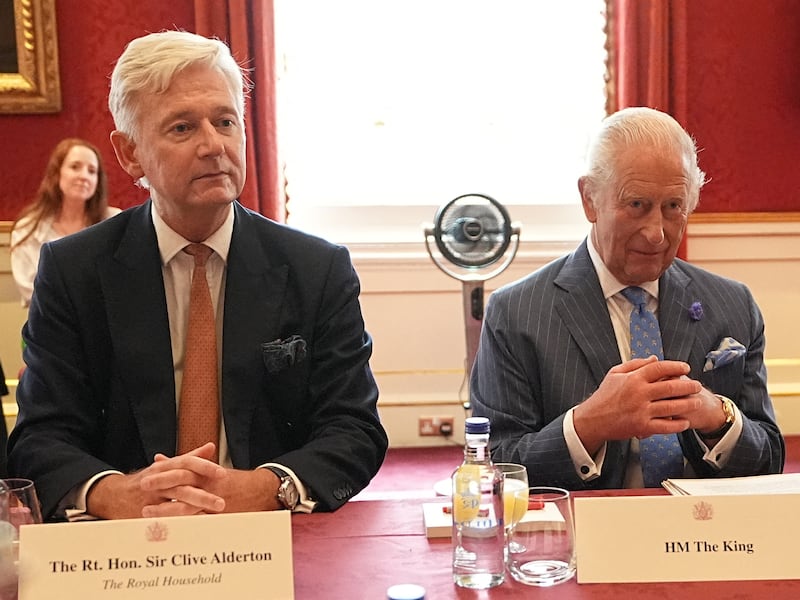 King Charles III, Clive Alderton and Idris Elba, founder of the Elba Hope Foundation and an alumnus of the King's Trust, listen during a Youth Opportunity Summit with young people, youth organisations, government officials, and representatives from the sports, education and arts sectors, at St James's Palace in London, Britain July 15, 2025.    Aaron Chown/Pool via REUTERS