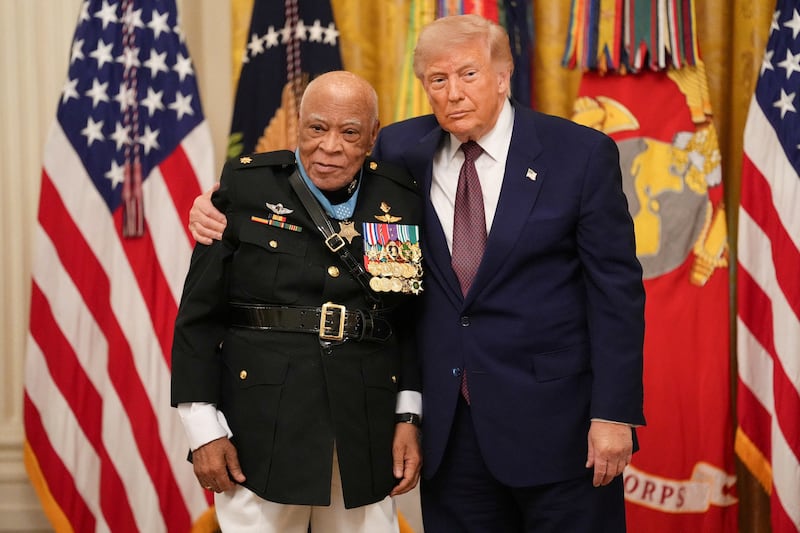 U.S. President Donald Trump stands with retired U.S. Marine Corps Major James Capers, Jr., after Trump awarded him the Medal of Honor, during a ceremony at the White House in Washington, D.C., U.S., June 18, 2026.