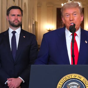 Trump flanked by Vice President JD Vance, Secretary of State Marco Rubio, and Defense Secretary Pete Hegseth in an address to the nation after Trump ordered strikes on nuclear facilities in Iran in June.