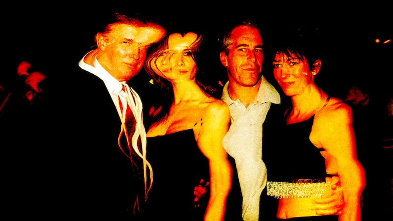 Distorted image of Donald Trump, Melania Trump, Jeffrey Epstein, and Ghislaine Maxwell