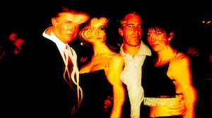 Distorted image of Donald Trump, Melania Trump, Jeffrey Epstein, and Ghislaine Maxwell