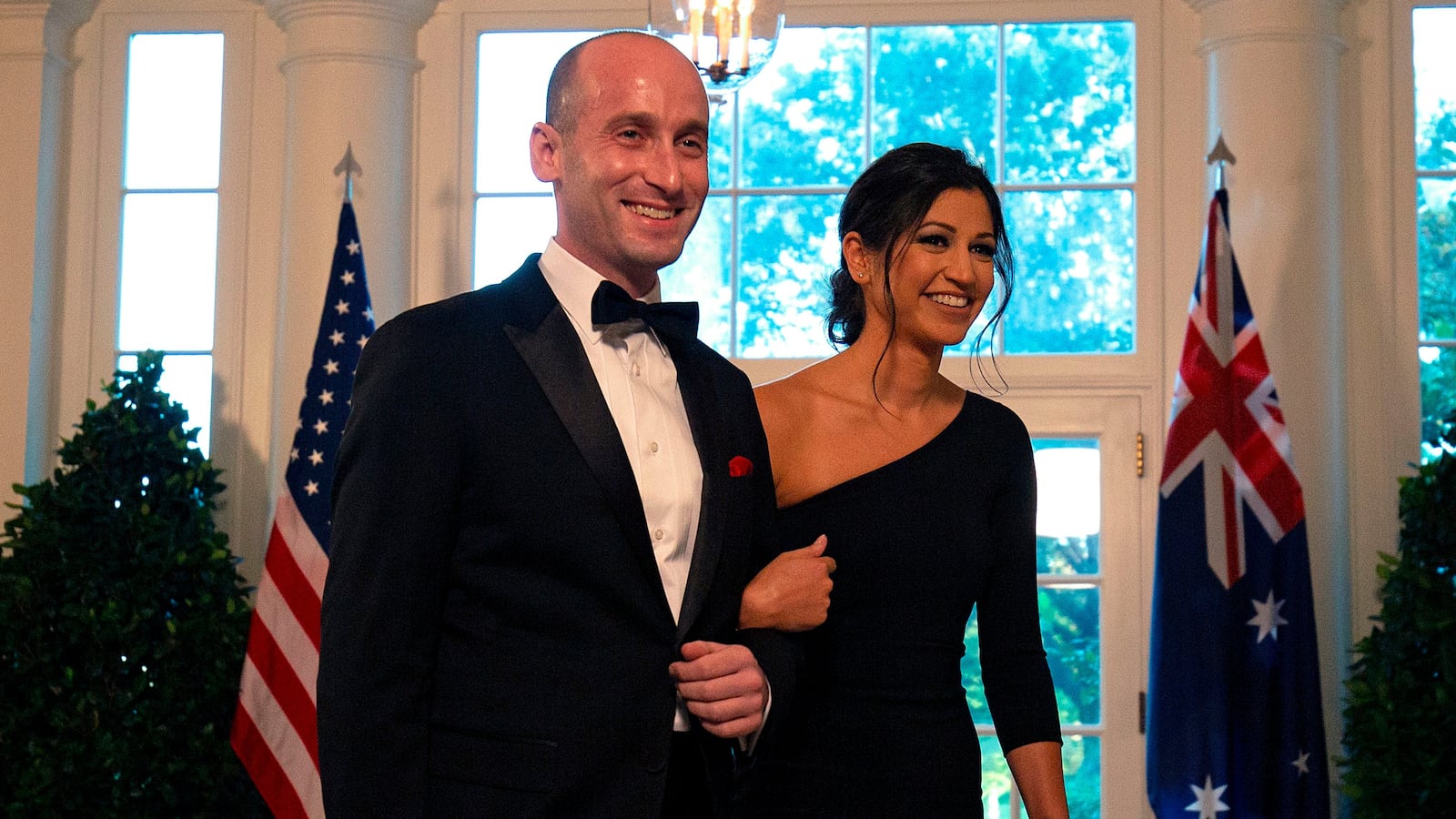 White House Senior Advisor Stephen Miller (L) and Katie Waldman arrive in the Booksellers area of the White House to attend an Official Visit with a State Dinner honoring Australian Prime Minister Scott Morrison, in Washington, DC, on September 20, 2019.