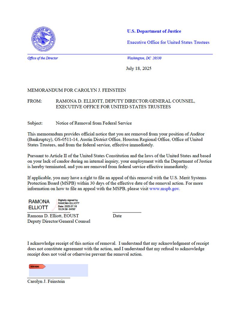 A copy of the letter Feinstein received from the DOJ informing her that her position had been terminated.