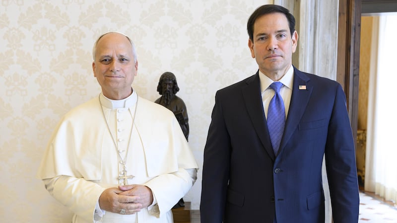 Pope Leo XIV poses with U.S. Secretary Of State Marco Rubio during an audience at the Apostolic Palace on May 07, 2026 in Vatican City, Vatican.