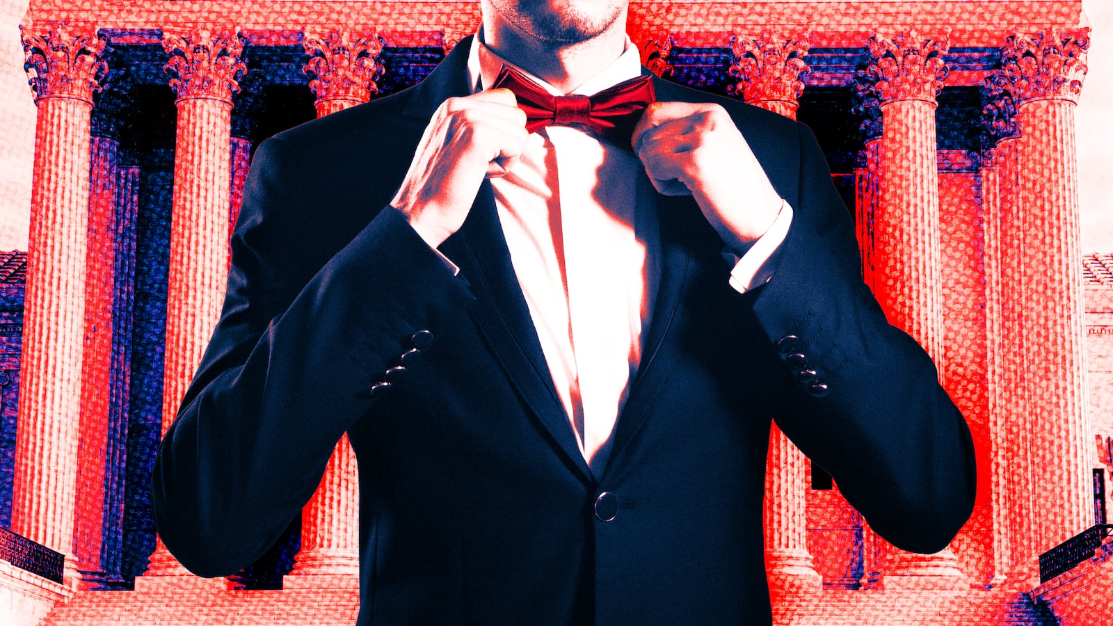A photo illustration of a man adjusting his red tie and Supreme Court pillars.