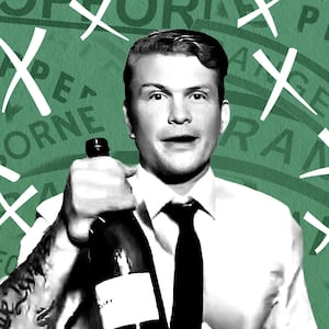 Pete Hegseth holding a bottle with a background army tabs crossed out.