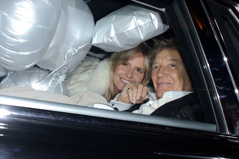 Rod Stewart seen leaving the Ritz hotel with his wife Penny Lancaster after celebrating his 75th birthday on January 10, 2020 in London, England.