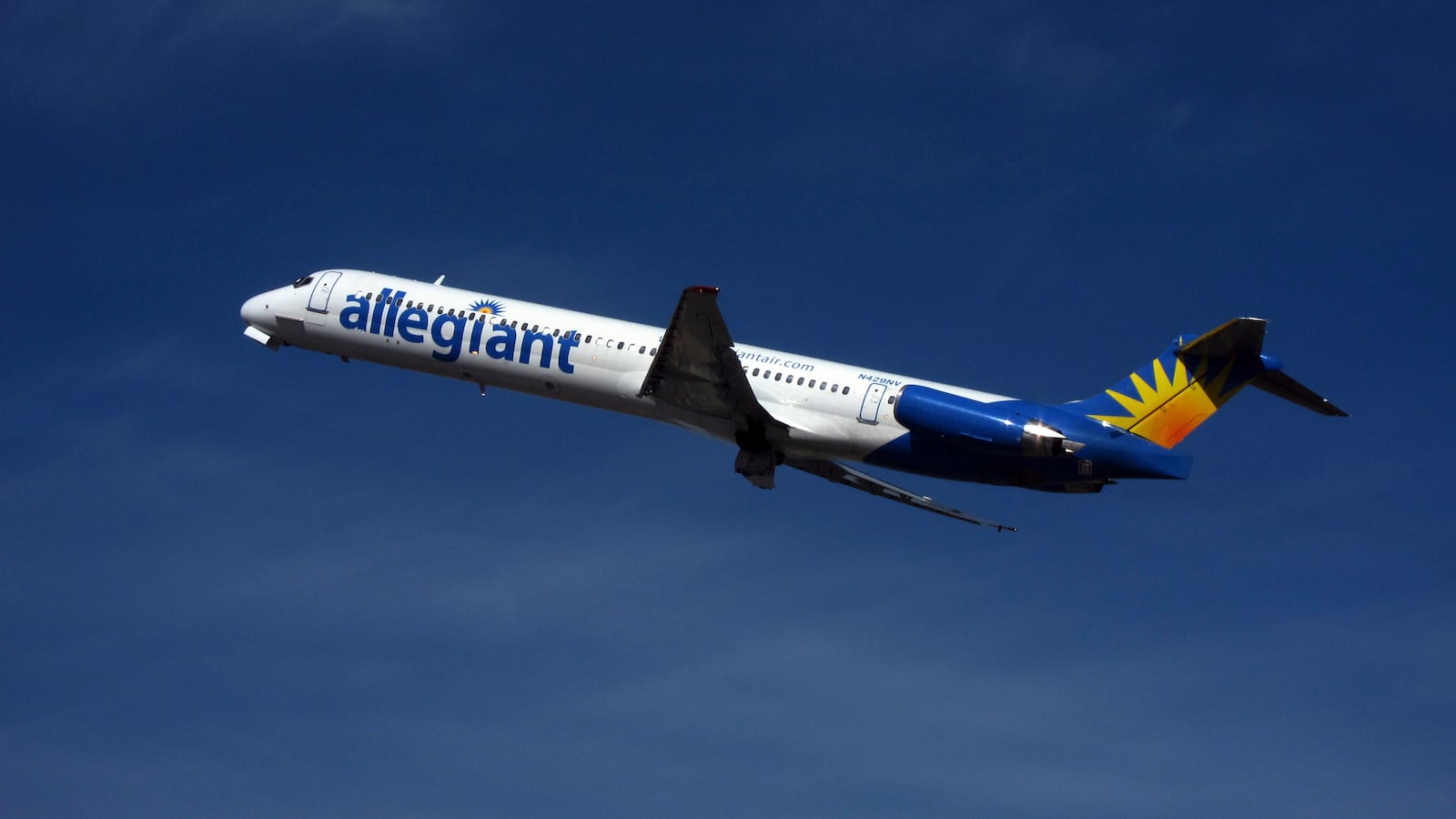 An Allegiant Air McDonnell Douglas MD-83 passenger jet takes off from the Monterey airport in Monterey, California, Feb. 26, 2012.