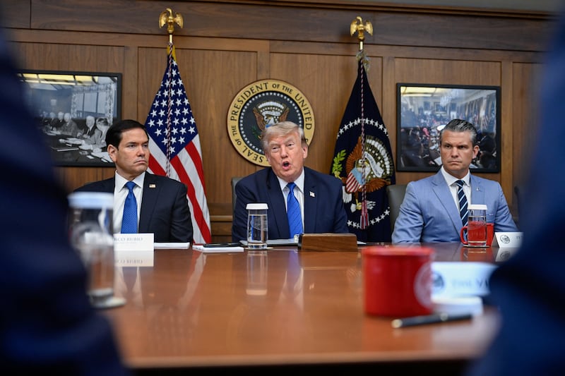 U.S. President Donald Trump, Secretary of State Marco Rubio and Secretary of Defense Pete Hegseth participate in a cabinet meeting at Camp David in Thurmont, Maryland, U.S., July 31, 2026. REUTERS/Daniel Heuer