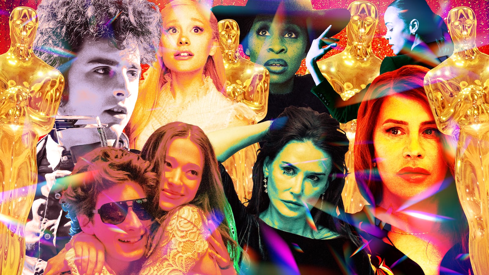 A photo illustration of Anora, Wicked, Substance, Emilia Perez, and A Complete Unknown films.