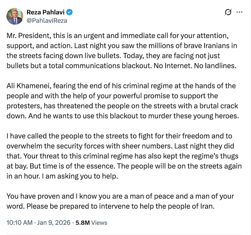 Exiled Crown Prince Reza Pahlavi calls on President Trump to intervene in Iran.