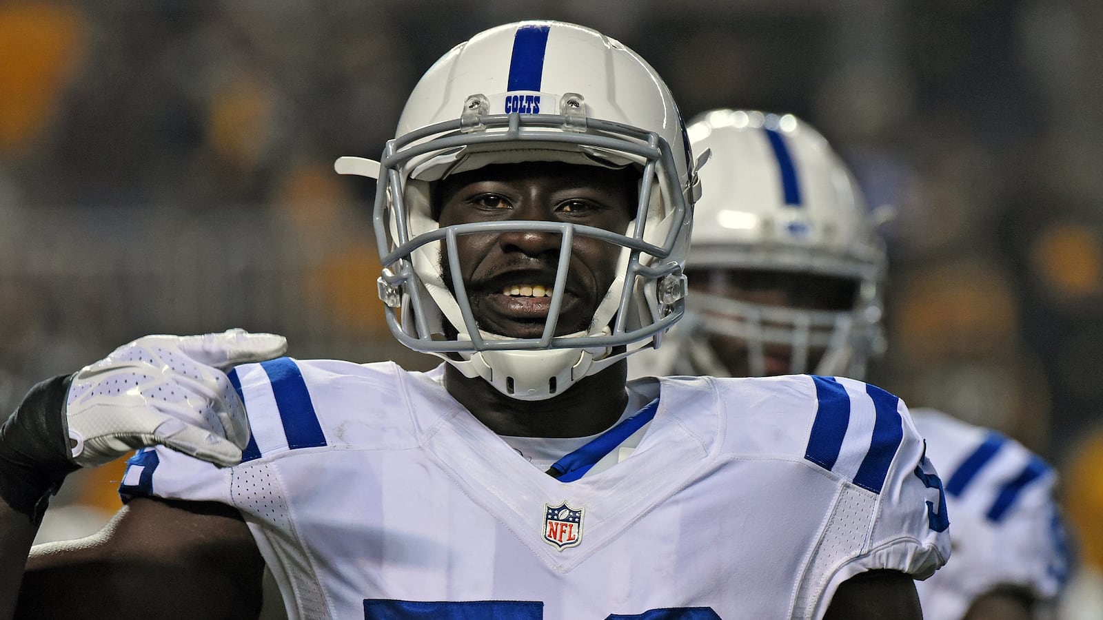 PITTSBURGH, PA - DECEMBER 6: Linebacker Daniel Adongo #56 of the Indianapolis Colts signals during a game against the Pittsburgh Steelers at Heinz Field on December 6, 2015 in Pittsburgh, Pennsylvania. The Steelers defeated the Colts 45-10. (Photo by George Gojkovich/Getty Images)