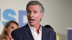 California Governor Gavin Newsom speaks at Belvedere Middle School before signing legislation aimed at improving kids' nutrition and health across California on October 8, 2025 in Los Angeles, California.