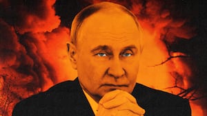 A photo illustration of a Vladimir Putin and fire following a Russian missile strike in Kyiv, Ukraine on April 16, 2026.