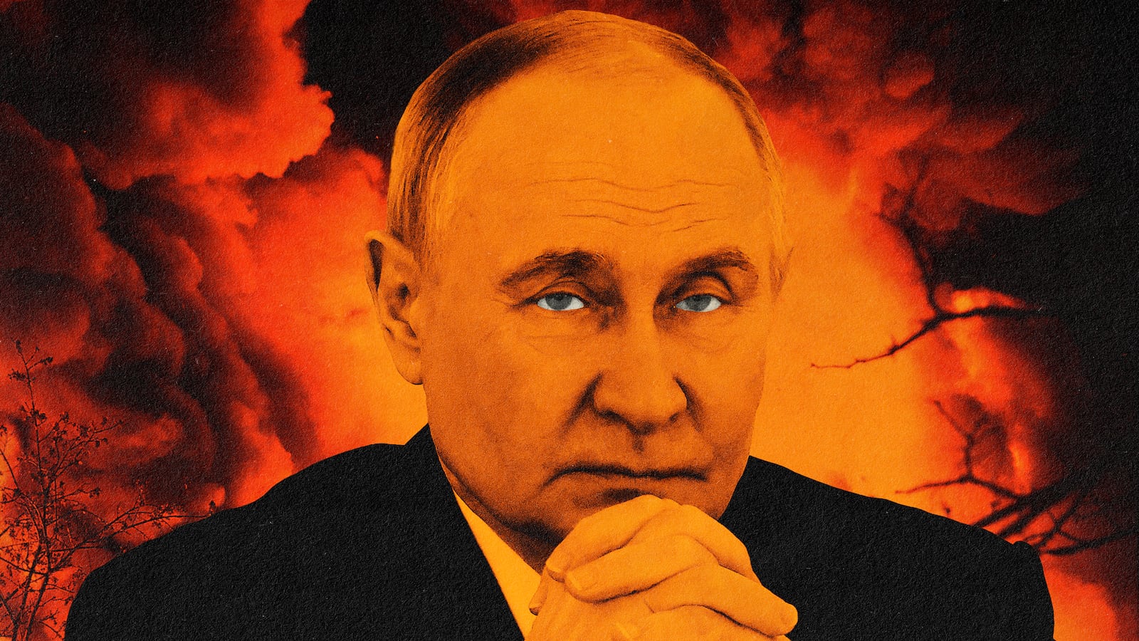 A photo illustration of a Vladimir Putin and fire following a Russian missile strike in Kyiv, Ukraine on April 16, 2026.