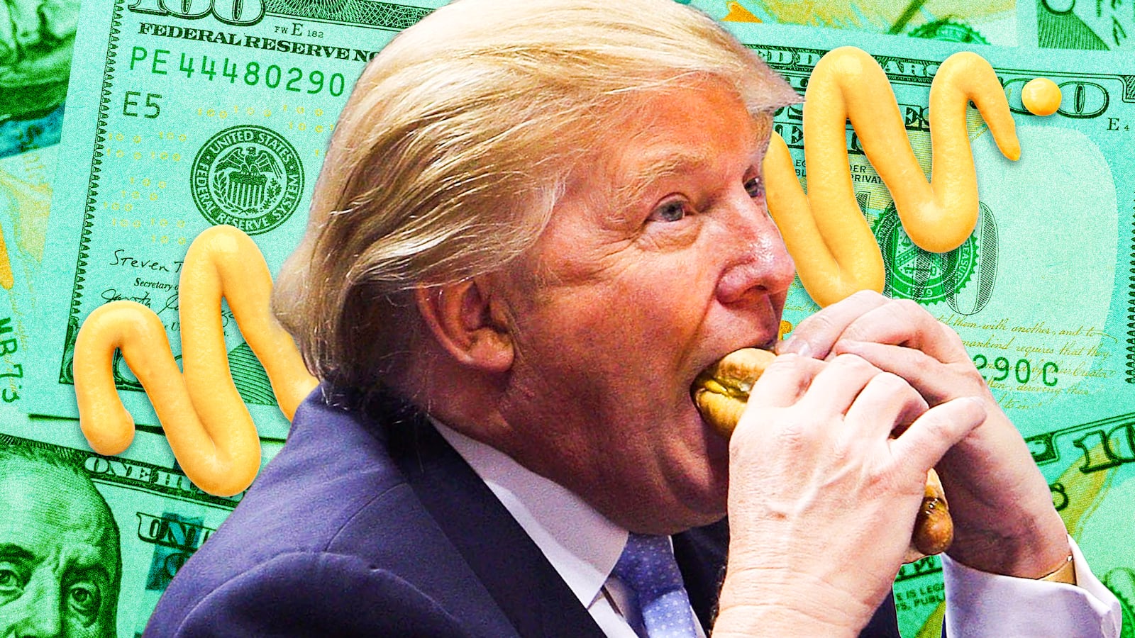 A photo illustration of Donald Trump eating a hot dog.