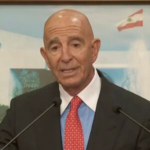 US envoy Tom Barrack addresses media in Lebanon.
