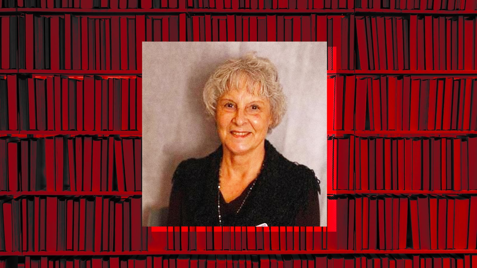 A photo illustration of school board trustee Karen Lowery over a library bookcase red background.