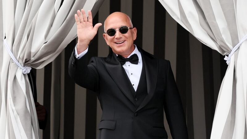 VENICE, ITALY - JUNE 27: Jeff Bezos leaves the Aman Hotel during the Jeff Bezos and Lauren Sanchez Wedding on June 27, 2025 in Venice, Italy. (Photo by Ernesto Ruscio/GC Images)