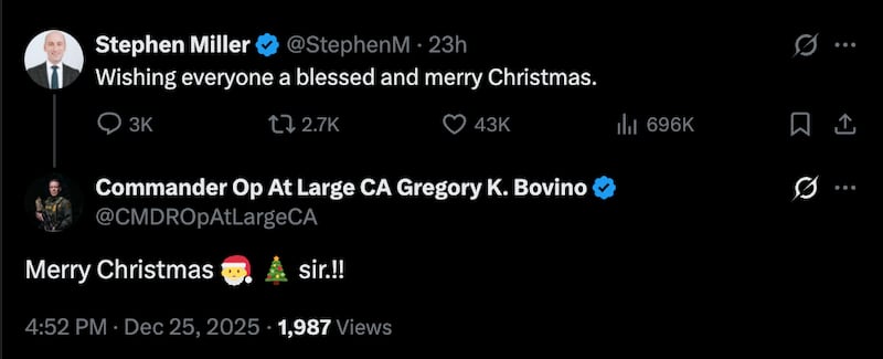 Bovino seemed desperate for his boss, Stephen Miller, to wish him merry Christmas. He did not.