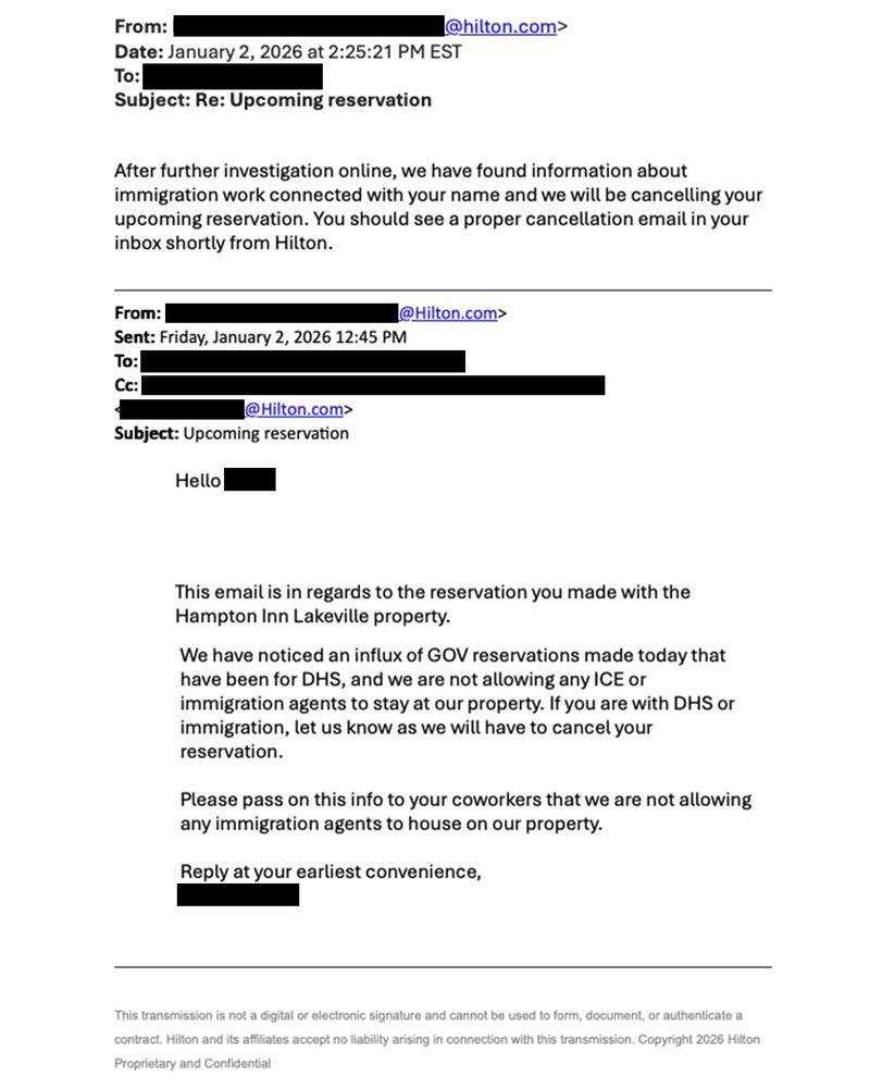 One of the emails denying ICE agents a reservation, according to DHS.