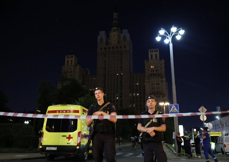Police officers stand guard at the site of an explosion at a restaurant in central Moscow, Russia August 1, 2026. REUTERS/Anastasia Barashkova
