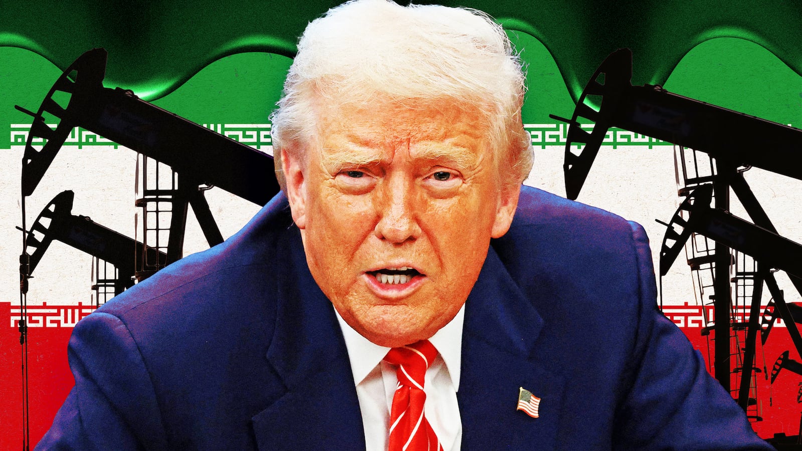 A photo illustration Trump in front of the Iranian flag and oil pumps.