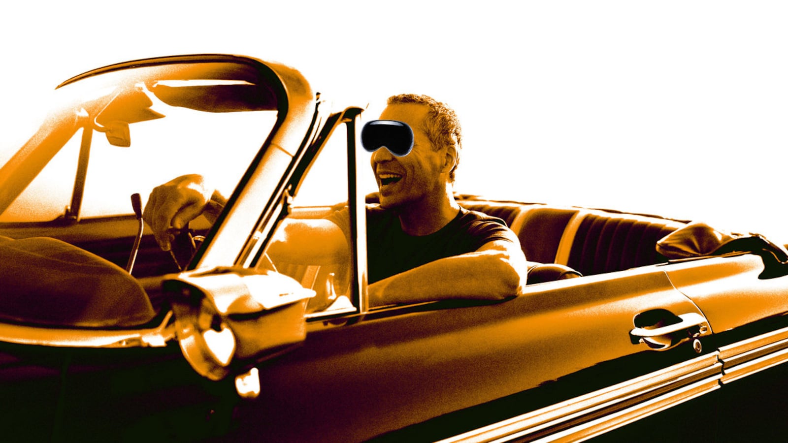 An illustration including a photo of a man driving a convertible wearing his Apple Vision Pro VR Goggles.