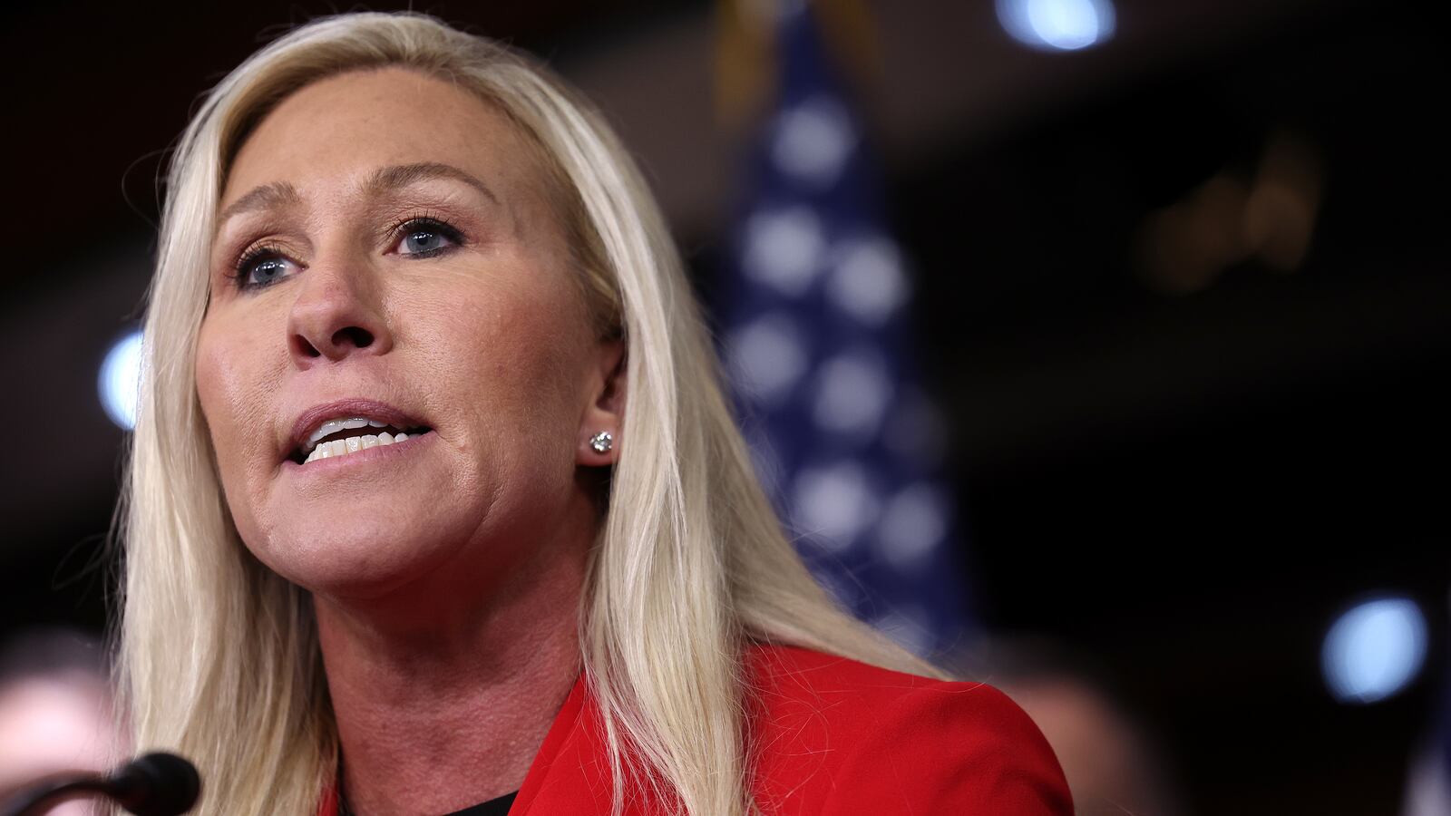 Marjorie Taylor Greene speaks at a press conference.