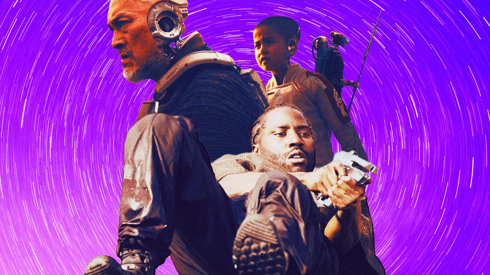 A photo illustration of John David Washington, Ken Watanabe, and Madeleine Voyles from The Creator.