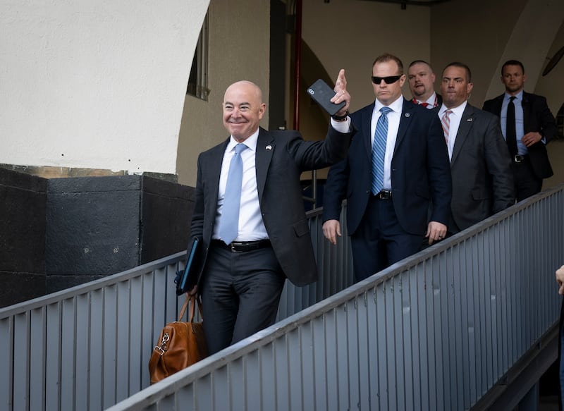 Mexico City, Mexico (March 14, 2022) Homeland Security Secretary Alejandro Mayorkas greets U.S. Ambassador to Mexico Ken Salazar at the U.S. Embassy in Mexico City, Mexico. Alexander Eastman follows behind, second right.