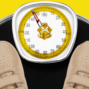 illustration of an old person stepping on a scale with a measuring tape, gold flourish, and glp-1 shot rotating