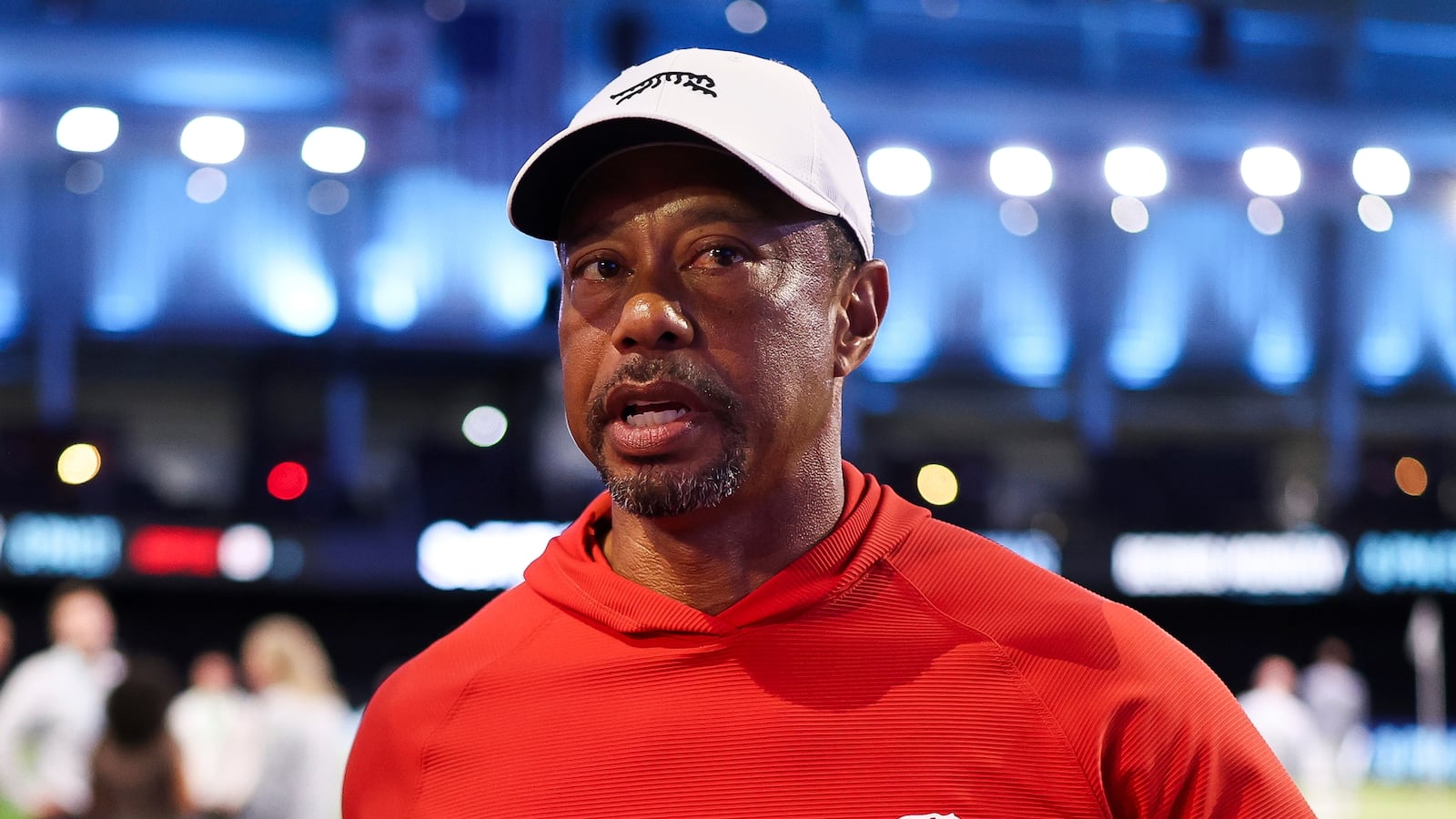Tiger Woods of Jupiter Links GC talks with his girlfriend, Vanessa Trump, after a match against Boston Common Golf at SoFi Center on March 17, 2026 in Palm Beach Gardens, Florida.