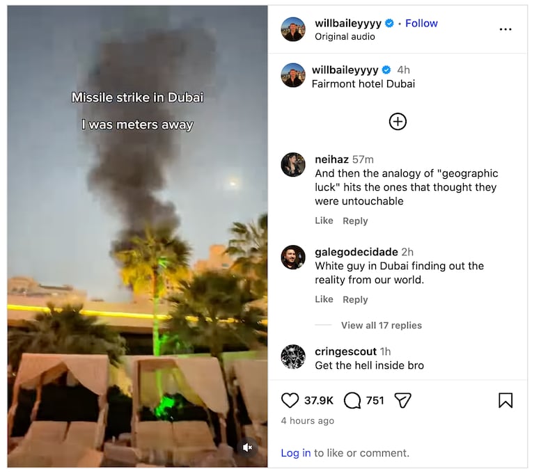 Influencer Will Bailey posted a video showing smoke coming from the neighboring hotel in Dubai.