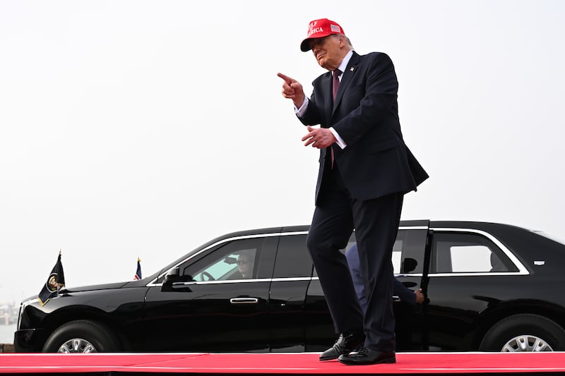 CORPUS CHRISTI, TEXAS - FEBRUARY 27: U.S. President Donald Trump dances as he departs after speaking at the Port of Corpus Christi on February 27, 2026 in Corpus Christi, Texas. Trump visited Texas to deliver remarks on affordability and economic issues less than a week before the state's midterm primary elections on March 3rd. (Photo by Roberto Schmidt/Getty Images)