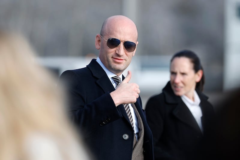 United States Homeland Security Advisor Stephen Miller gives a thumbs up as U.S. President Donald Trump arrives at Zurich Airport before attending the World Economic Forum (WEF) in Davos, on January 21, 2026 in Zurich, Switzerland.