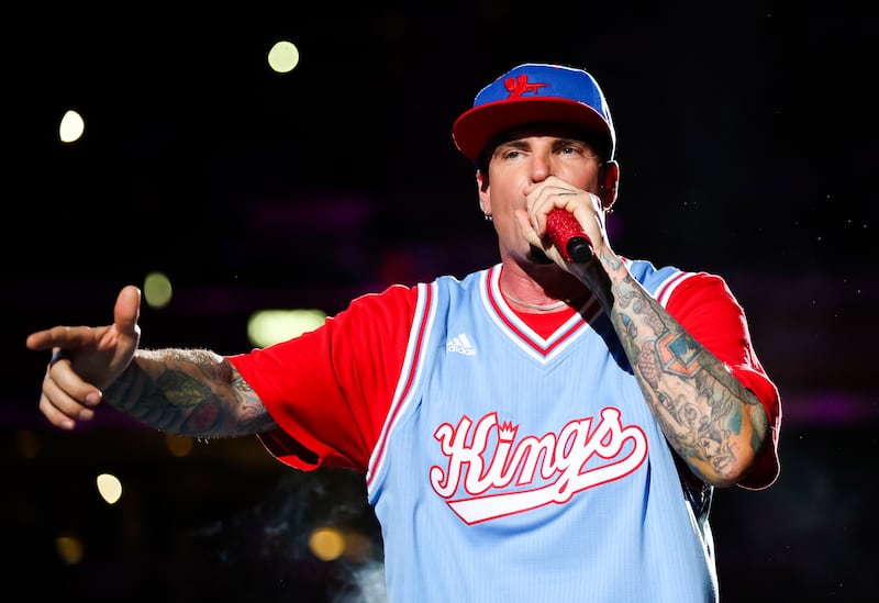 Feb 26, 2016; Sacramento, CA, USA; Rapper Vanilla Ice performs during half time between the Sacramento Kings and the Los Angeles Clippers at Sleep Train Arena.