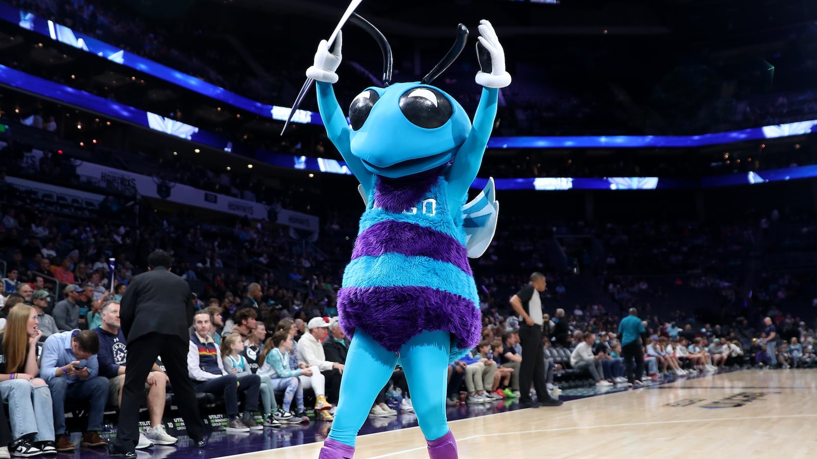 CHARLOTTE, NC - APRIL 2: Hugo the mascot of the Charlotte Hornets during the game against the Toronto Raptors on April 2, 2023 at Spectrum Center in Charlotte, North Carolina. NOTE TO USER: User expressly acknowledges and agrees that, by downloading and or using this photograph, User is consenting to the terms and conditions of the Getty Images License Agreement. Mandatory Copyright Notice: Copyright 2023 NBAE (Photo by Brock Williams-Smith/NBAE via Getty Images)