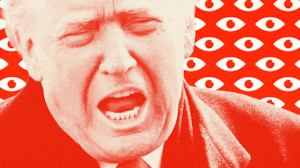 Red Donald Trump with eyes behind him