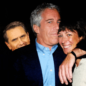 Ghislaine Maxwell and Jeffrey Epstein with Todd Blanche peaked out from behind them
