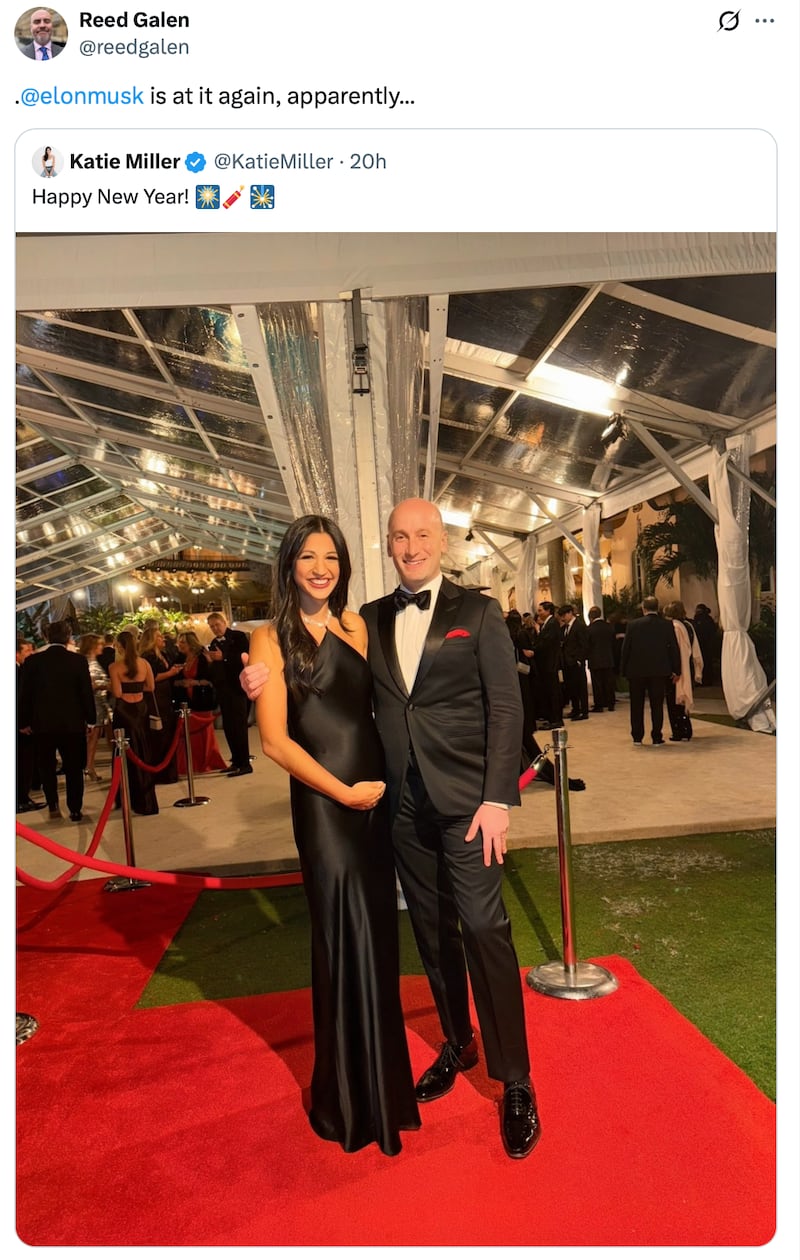 Reed Galen comments on Katie Miller's pregnancy on X.