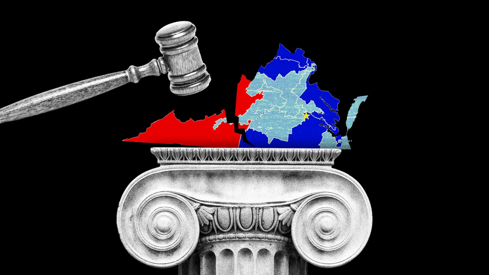 Illo illustration of Virginia redistricting map on top of an ionic column being cracked by a gavel