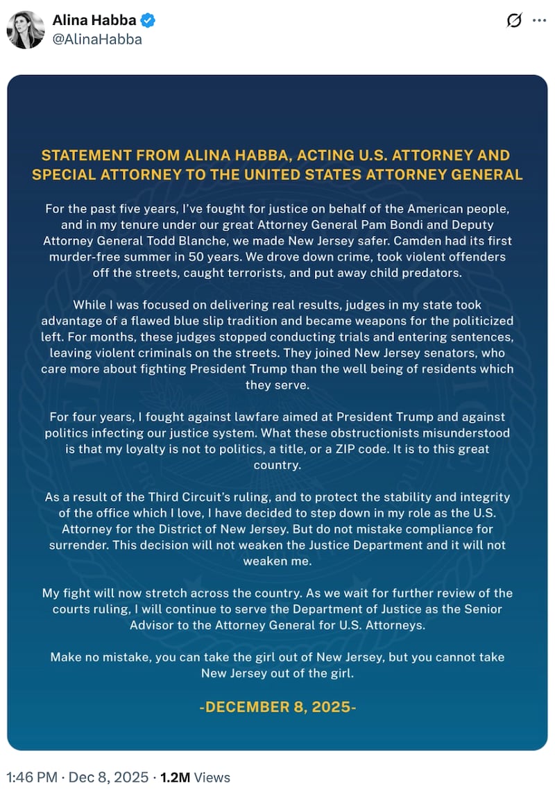 A Dec. 8 post from Alina Habba addressed her stepping down from her role as U.S. Attorney for the District of New Jersey.