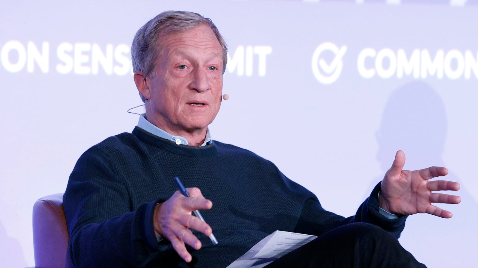 SAN FRANCISCO, CALIFORNIA - MARCH 25: (L-R) Tom Steyer and Adam Lashinsky speak onstage during the Common Sense Summit on Kids and Families 2025 on March 25, 2025 in San Francisco, California.