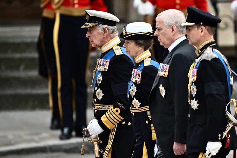 Britain's King Charles III, Britain's Princess Anne, Princess Royal, Britain's Prince Andrew, Duke of York and Britain's Prince Edward, Earl of Wessex arrive at Westminster Abbey in London on September 19, 2022, for the State Funeral Service for Britain's Queen Elizabeth II. Leaders from around the world will attend the state funeral of Queen Elizabeth II. The country's longest-serving monarch, who died aged 96 after 70 years on the throne, will be honoured with a state funeral on Monday morning at Westminster Abbey.