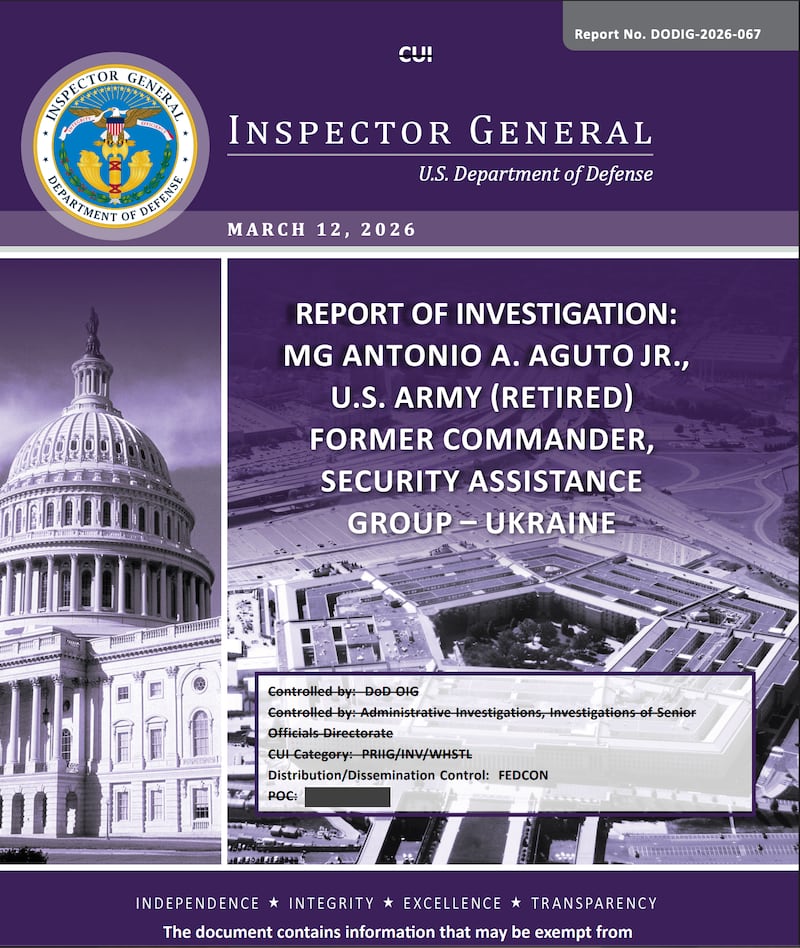 The front page of the report into Aguto Jr.'s conduct in Ukraine.