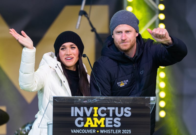 WHISTLER, BRITISH COLUMBIA - FEBRUARY 10: Prince Harry, Duke of Sussex and Meghan, Duchess of Sussex attend the Whistler Welcoming Ceremony during day two of the 2025 Invictus Games on February 10, 2025 in Whistler, British Columbia. (Photo by Samir Hussein/WireImage)